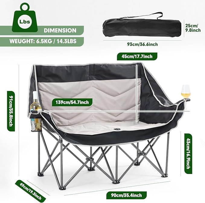 CDEN Padded Loveseat Double Camping Chair Camping Couch with Cup Holder Side Bag Wine Holder Carry Bag Foldable for Picnic Outdoors Travel (Black&ampGray