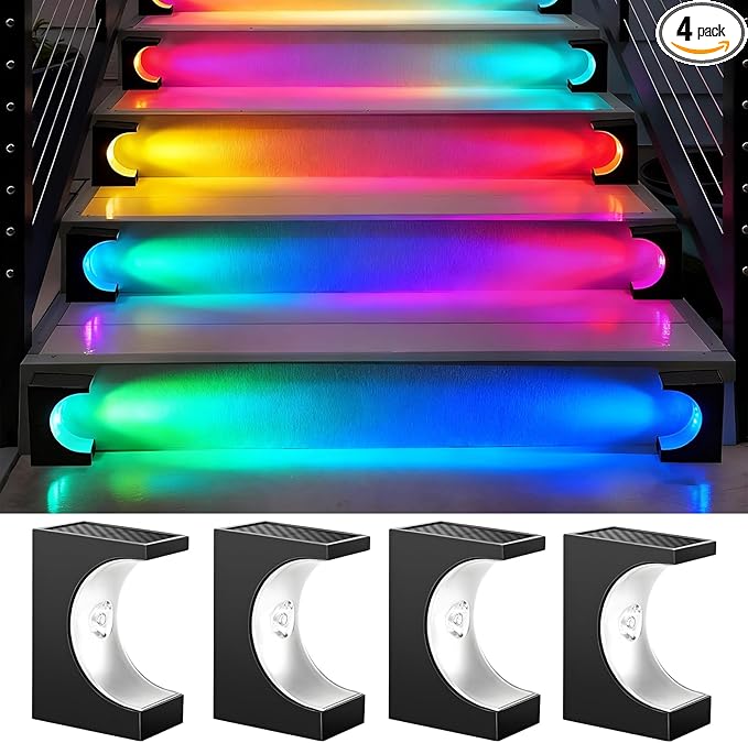 Solar Step Lights Stair Lights Outdoor Waterproof LED Step for Outside Outdoor Solar Powered Step Lighting for Patio Decor Deck Porch Front Door Walkway (RGB Color Changing 4 Pack)