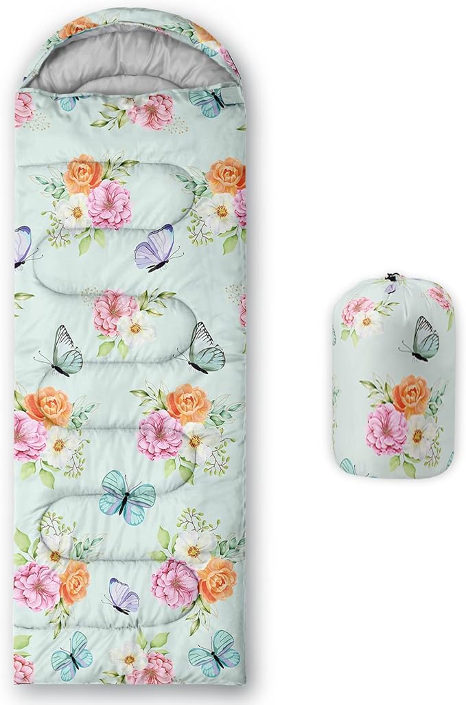 BSNTHO Butterfly Flower Printed Camping Sleeping Bags3 Season Warm &amp Cool WeatherLightweightWaterproof Sleeping Bags for Adults &amp KidsTravelingand OutdoorsCamping Gear Equipment31x90inc