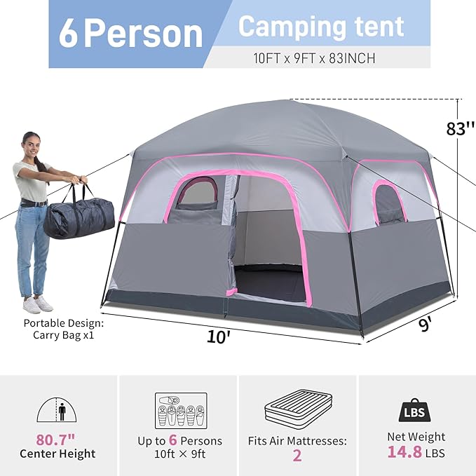 Outvita 6 Person Camping Tent with Carry Bag Waterproof Windproof Easy Setup Portable Family Camping Tent with 1 Mesh Door &amp 5 Large Mesh Windows 10'X9'X83in