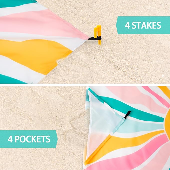 Beach Blanket Waterproof Sandproof Large Picnic Blankets with Stakes and Storage Bag Lightweight Quick Drying Compact Beach Mat Vacation Essentials for Outdoors Camping Trips-Spring Sunshine