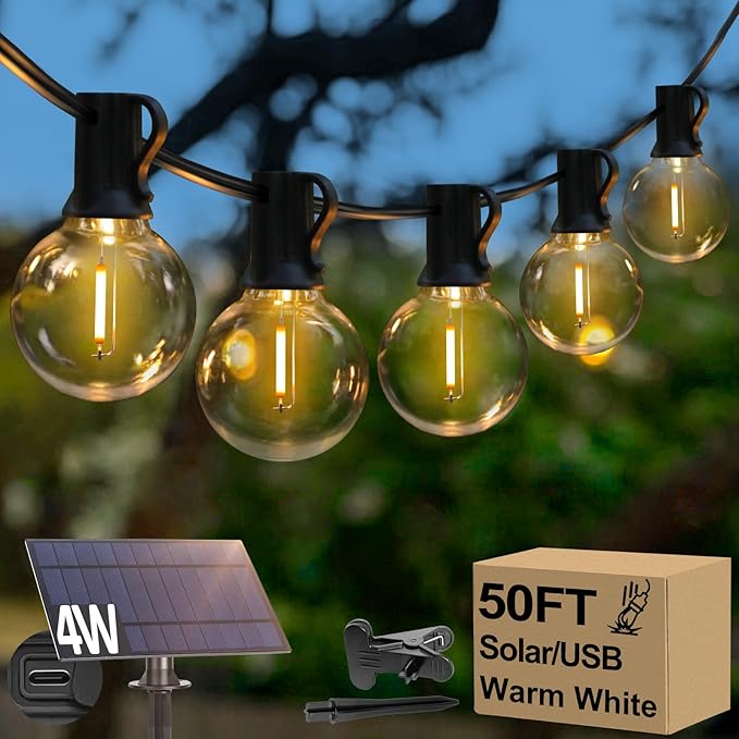 50FT Solar String Lights Waterproof LED Outdoor String Lights G40 Globe Patio Lights Solar Powered with 27 Shatterproof E12 Bulbs 2700K Solar Lights for Outside Porch Garden Backyard Party Decor