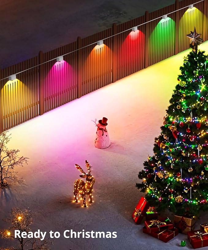 Outdoor Deck Lights 16 Packs Smart RGBCW Fence Light 100+ Scene Modes Dual Lens LED String Lights with APP/Voice/Remote Control IP65 Waterproof for Halloween Christmas Decor 105ft White