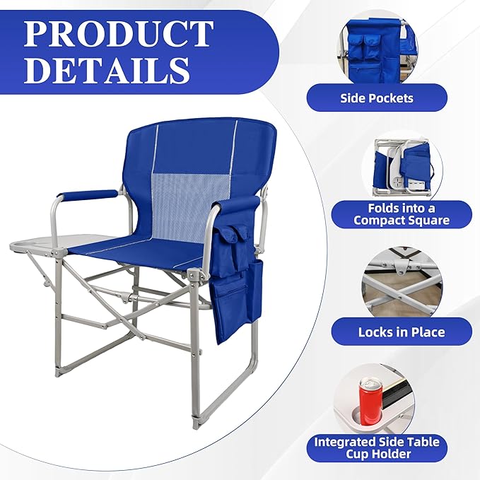 Camping Directors Chair Portable Folding Chair with Side Table and Pocket for Beach Camping Lawn &amp Fishing Navy