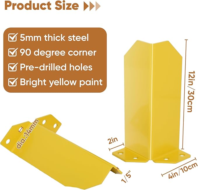 Nisorpa Pallet Rack Post Protectors 12 Pallet Racking Guards with Hardware L Shape Safety Yellow Pallet Edge Protectors Set of 2
