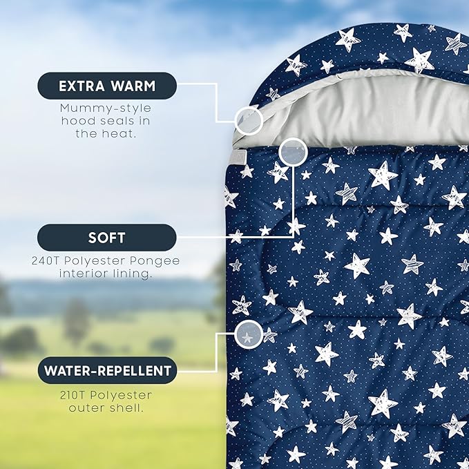 Wake In Cloud - Star Kids Sleeping Bag for Boys Girls Toddlers Camping in Warm Cold Weather Backpacking Lightweight Compact Outdoor Liner for 3 Seasons Summer Spring Fall