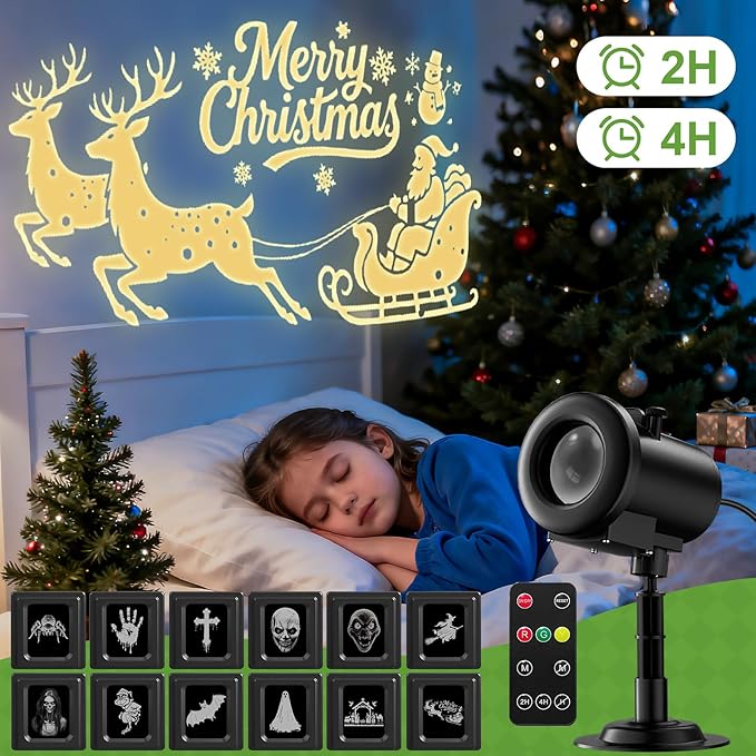 12 in 1 Christmas Projector Lights Outdoor 3D Dynamic Santa Sleigh/Nativity/Green Monster/Ghost/Spider/Bat Christmas DecorNight Lights for Party Home Window Wall Holiday Decor