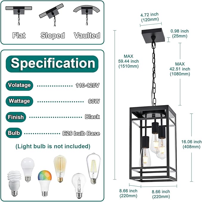 Large Outdoor Pendant Light for Porch Black 3 Lights Outdoor Pendant Light Fixtures Modern Hanging Light Fixture Exterior Chandelier Hanging Lantern for PatioFront Door
