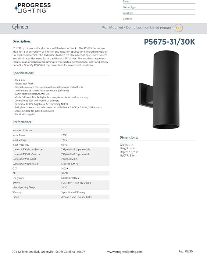 Progress Lighting 5-Inch Cylinder Outdoor LED Wall Sconce 2-Light Modern Wall Mount LED Up and Down Lights Interior and Exterior Lighting for Home or Porch Aluminum Black (P5675-31/30K)