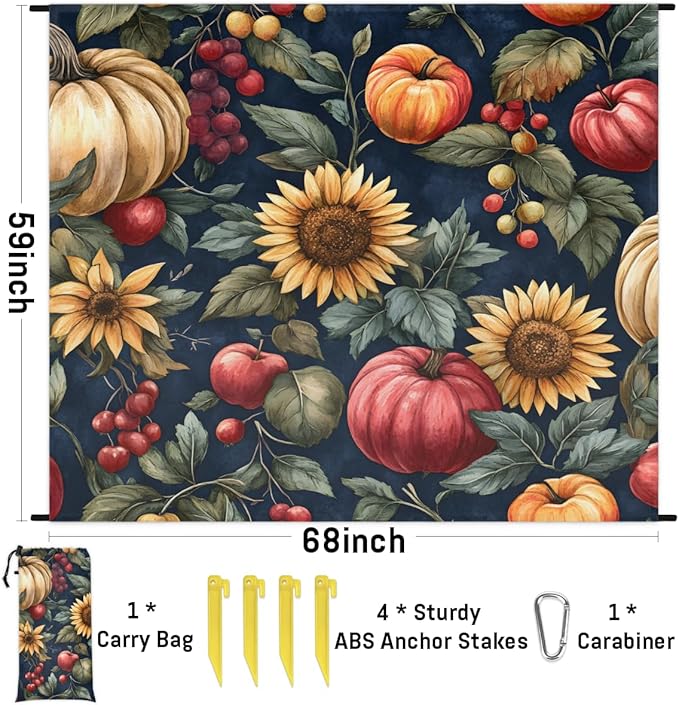 Waterproof Sandproof Beach Blanket 59''×68'' Sunflower Pumpkin Polyester Outdoor Picnic Blanket with 4 Stakes &amp Storage Bag for BeachCampingVacation Food
