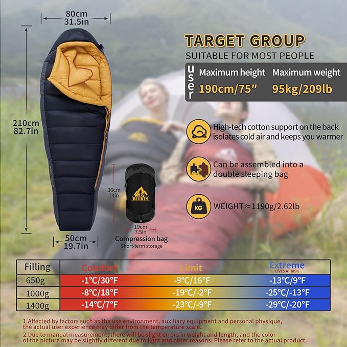 Down Sleeping Bag for Adults Cold Weather Ultralight &amp Compact 680FP Backpacking Sleeping Bag for Camping Hiking Mountaineering