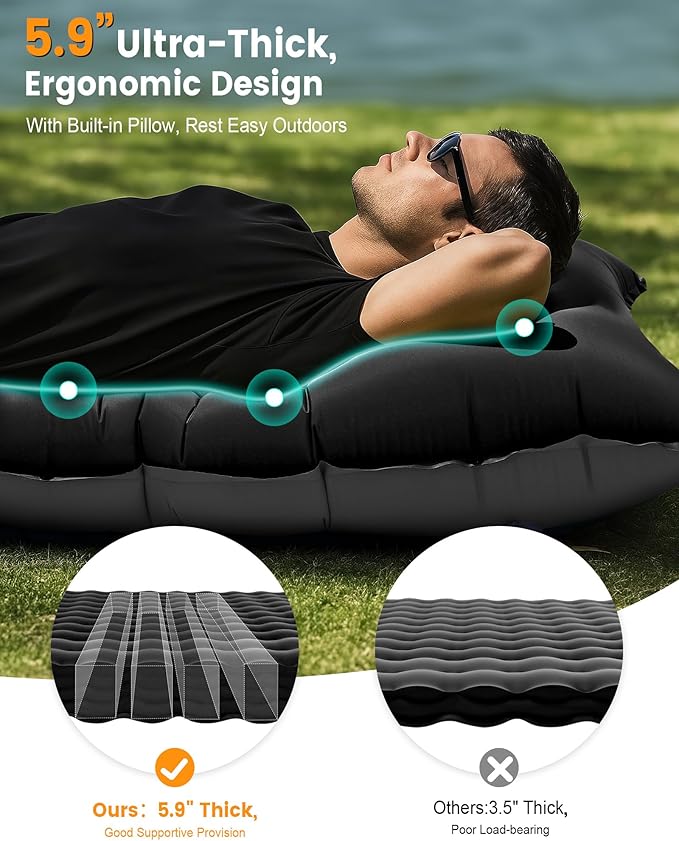 Camping Sleeping Pad5.9 Inch Thick Camping Mat with Built in Pillow and Foot PumpSelf Inflating Sleeping Pad for Camping Backpacking（Green