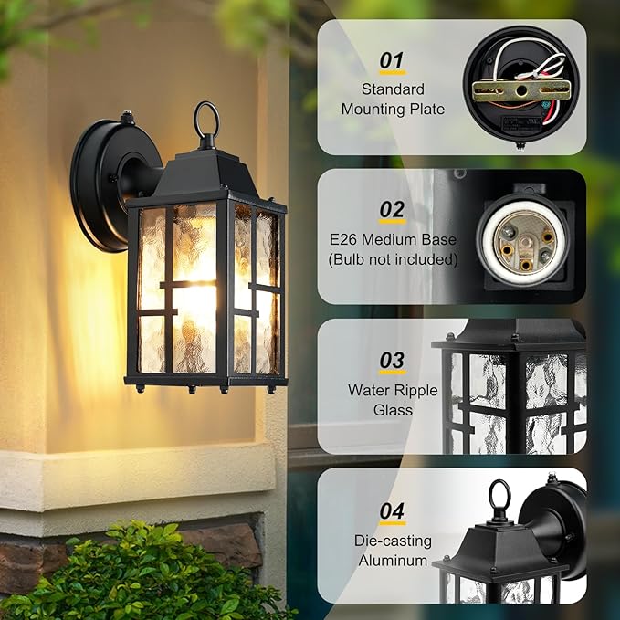 OKELI Dusk to Dawn Outdoor Wall Lights Exterior Waterproof Lantern Front Porch Sconce Lighting with Water Ripple Glass Shade Anti-Rust Wall Lamps Outside Lights for Garage (Black-SIZE-S-2pack)