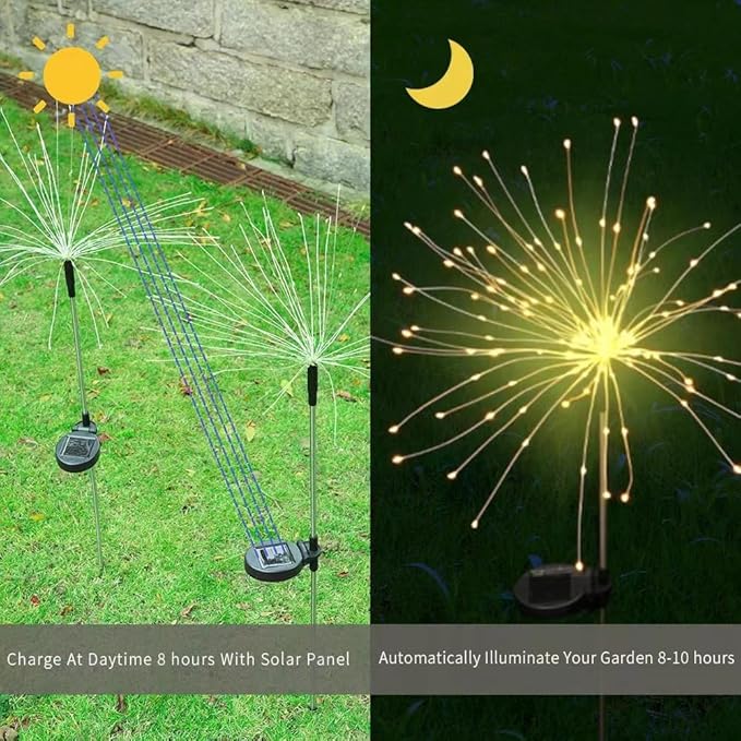 Solar Firework Lights 2Pcs Garden Lights Outdoor Waterproof 120 LED with 8 Modes Twinkling and Steady-On Festive daysStarburst Lights for Path Patio Yard (Warm White)