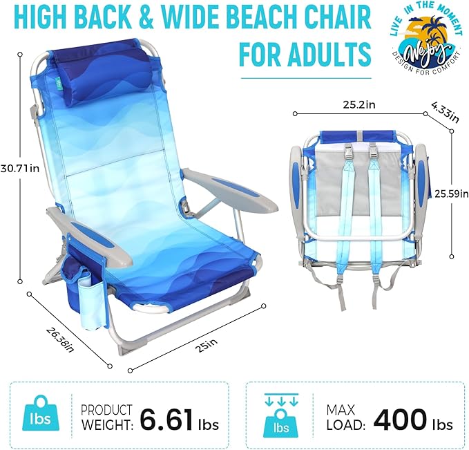 #WEJOY Beach Chair for Adults Reclining Adjustable Position Lay Flat Lightweight Folding Portable Aluminum Chair with Backpack StrapsPadded headrest Heavy Duty 400 lbs Lawn Chair for Beach Sand