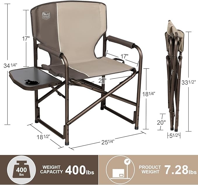TIMBER RIDGE Lightweight Oversized Camping Chair Aluminum Directors Chair with Side Table for Outdoor Camping Lawn Picnic and Fishing Supports 400lbs Tan 2Pack