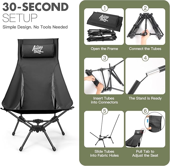 AuroraTrail High Back Folding Camping Chair with Pillow – Lightweight Portable Outdoor Chair with Cup Holder &amp Carry Bag Sturdy Aluminum Frame Supports up to 374 lb for Camping Hiking &amp Fest