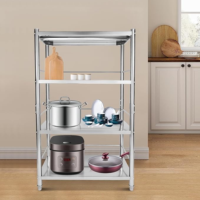 Stainless Steel Shelving 4 Tier Utility Bakers Racks Adjustable Shelf Storage Heavy Duty Shelving for Kitchen Commercial Office Garage Storage Laundry Room Organization (4-Tier 31*18*52in)