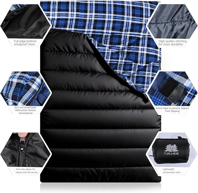 Double Sleeping Bag Cotton Flannel for Camping Backpacking Or Hiking. Queen Size 2 Person Waterproof Sleeping Bag for Adults Or Teens. Lightweight with Compression Sack