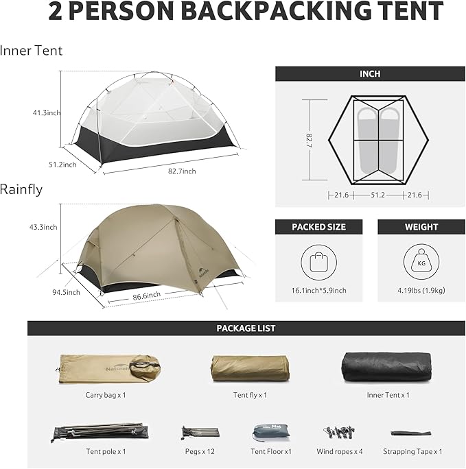 Naturehike Mongar UL 1-2 Person Backpacking Tent15D Nylon Waterproof Ultralight One Person Two Person Tent with Footprint
