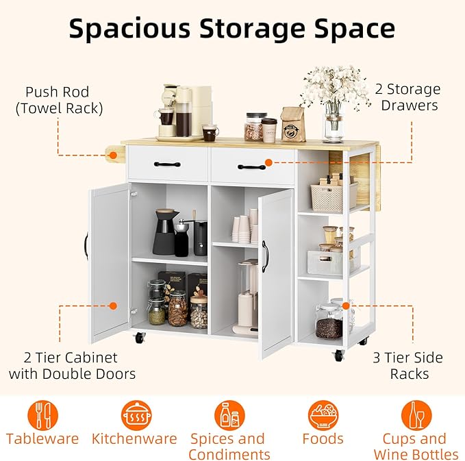 Rolling Kitchen Island Cart with Drop Leaf – 2-Door Cabinet 2 Drawers 3-Tier Spice Rack Towel Holder Bar Table – Ample Storage Utility Cart for Home or Dining Room – Pearl White