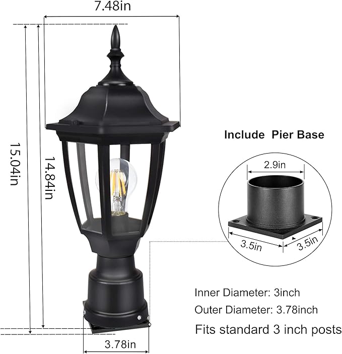 FUDESY Outdoor Post Lights Electric Exterior Lamp Post Light Fixture with Pier Mount Base LED Bulb Included Anti Corrosion Black Plastic Materials Pole Lanterns for Garden Patio Pathway