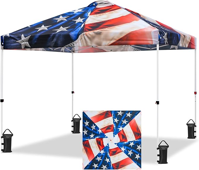 EAGLE PEAK Pop Up Canopy Tent with Wheeled Carry Bag 8 Stakes 4 Ropes 4 Weight Bags Easy Set Up Tent Canopy 10x10 ft 100sqft of Shade Stars and Stripes