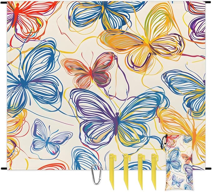 Waterproof Sandproof Beach Blanket 59''×68'' Hollow Butterflies Polyester Outdoor Picnic Blanket with 4 Stakes &amp Storage Bag for BeachCampingVacation Beige