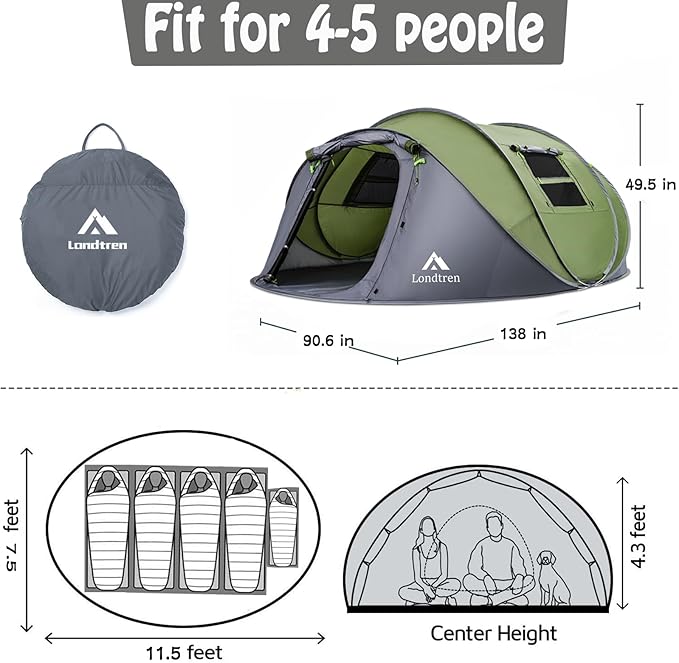 4 Person Easy Pop Up Tent Waterproof Automatic Setup 2 Doors-Instant Family Tents for Camping Hiking &amp Traveling
