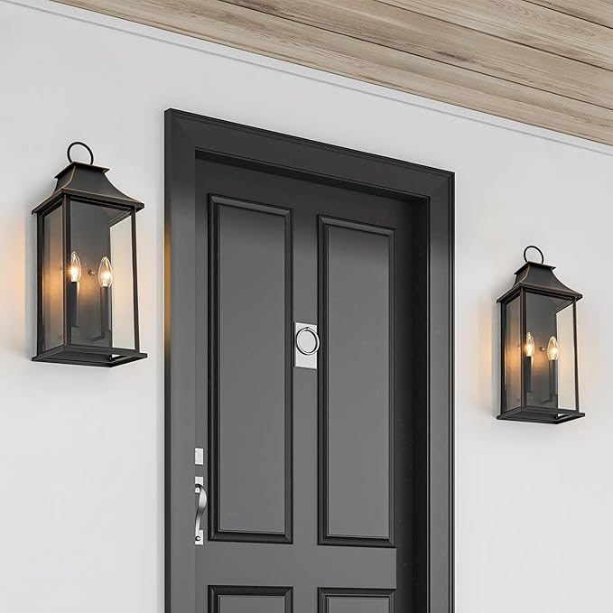 Outdoor Wall Lights Dusk to Dawn Large Outside Wall Lantern Sconce Modern Fixture with Brown Trim Exterior Lamp for House Porch Garage 2-Light (20.6 Inch Black)