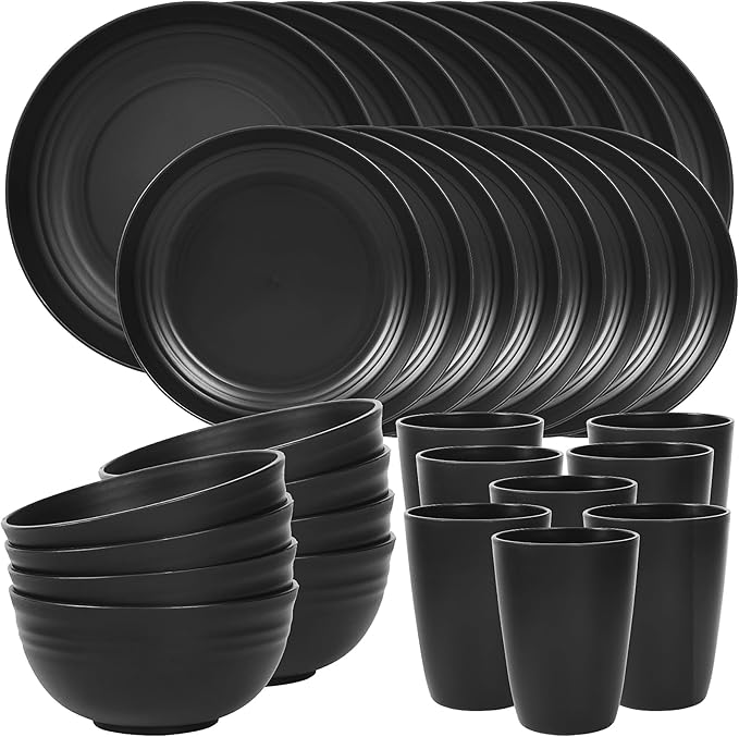 Quatish 32 Piece Plates and Bowls Sets for 8 Unbreakable Dinnerware Sets Plastic Dish Set for Camping Dishwasher Microwave Safe Outdoor Kitchen and Apartment Dinning RV Essentials Black