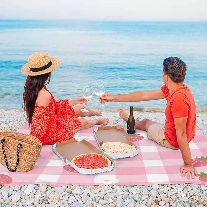 Waterproof Sandproof Beach Blanket 59''×68'' Pink Check Pattern Polyester Outdoor Picnic Blanket with 4 Stakes &amp Storage Bag for BeachCampingVacation