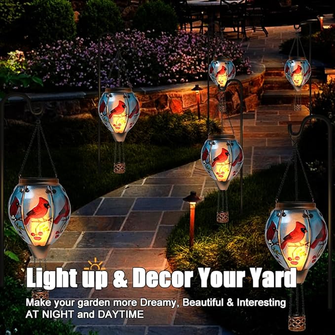Hot Air Balloon Solar Lantern - Cardinal Bird Glass Lantern Simulated Flickering &amp Dancing Flame Outdoor Hanging Yard Light Waterproof IP65 for Patio Lawn Porch Decor Gift