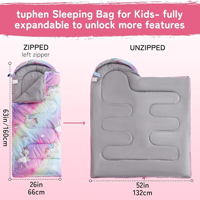 tuphen Kids Sleeping Bag - 50-77℉ 3-Season Waterproof Sleeping Bag for Boys &amp Girls Lightweight 2.2 lbs Camping Gear with Compression Bag Ideal for Camping Hiking Indoor