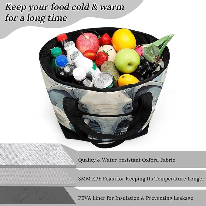 Insulated Shopping BagLarge Reusable Cooler Bags Car Elephant Printed Foldable Shopping BagTravel Waterproof Shoulder Bag