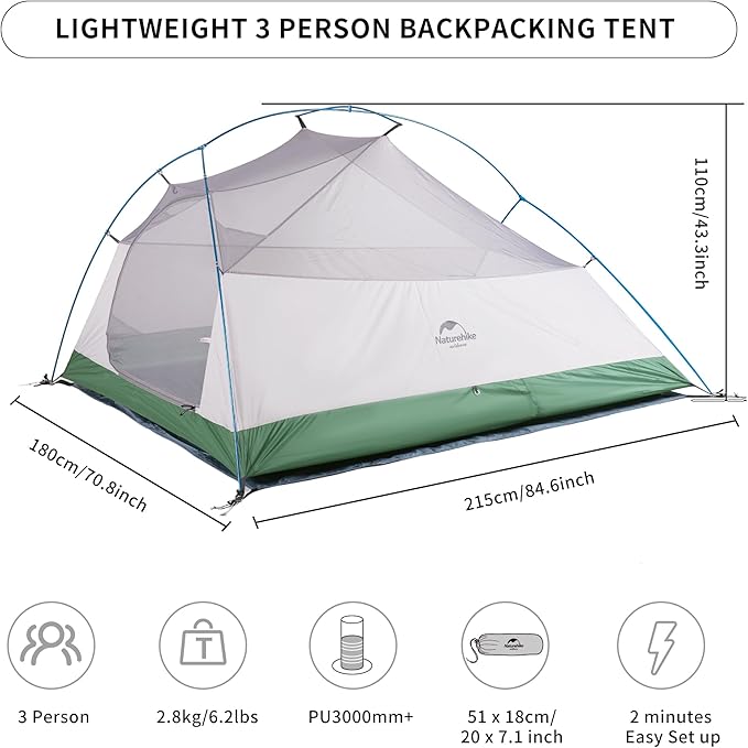 Naturehike Cloud Up 3 Person Backpacking Tent with Footprint - 3 Season Free Standing Lightweight 3 Person Camping Tent | with Footprint Free Standing Dome Camping Hiking Waterproof