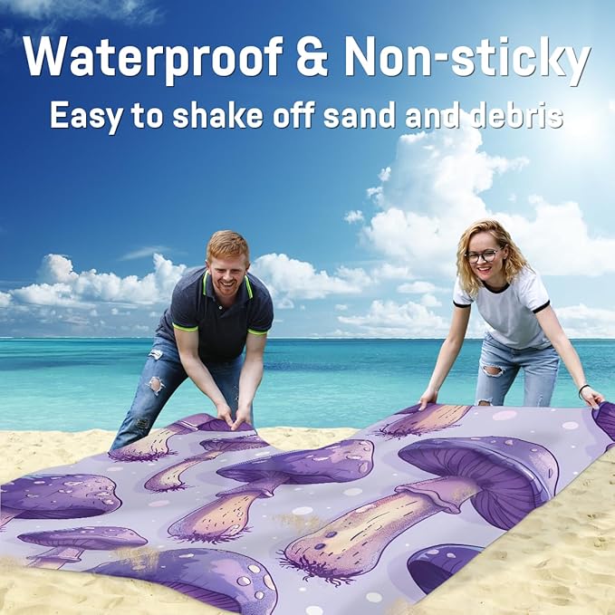 Waterproof Sandproof Beach Blanket 59''×68'' Mushrooms Polyester Outdoor Picnic Blanket with 4 Stakes &amp Storage Bag for BeachCampingVacation Purple