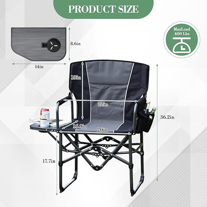 Folding Camping Chairs for Adults Portable Lawn Chair with Side Table Side Pocket &amp Beverage Holder Heavy Duty Director Chair for Outside Rv Beach Yard Garden Deck