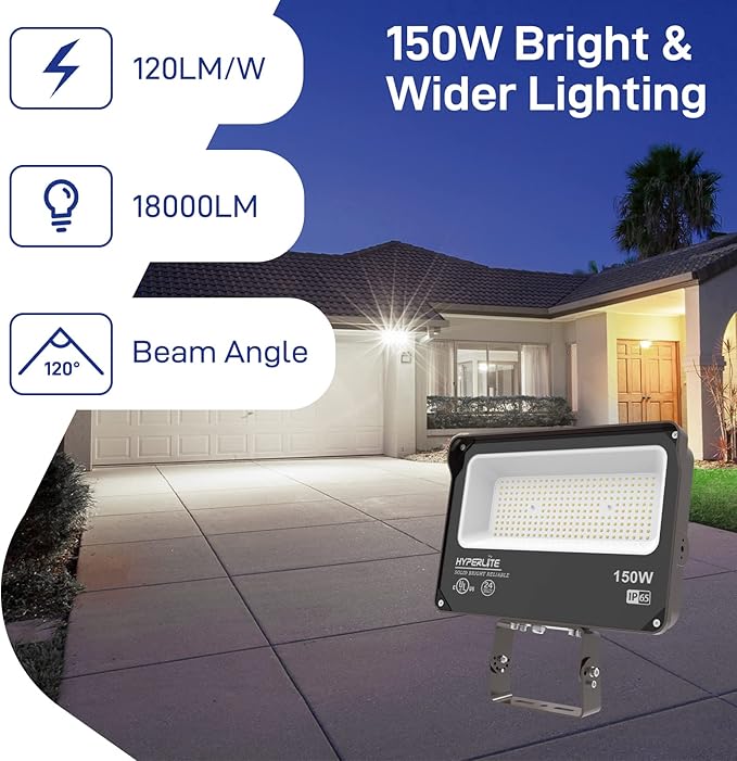 HYPERLITE LED Flood Light 150W 2 Pack 18000LM 5000K Daylight IP65 Waterproof Outdoor Floodlights UL Certified for CourtGardenWarehouse