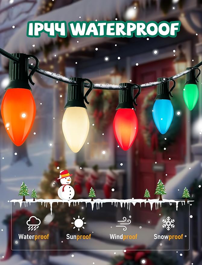 C7 LED Multicolor Christmas Lights 25FT C7 Vintage Christmas Lights with 27 LED Multicolor Glass Bulbs Outdoor String Lights for Xmas Tree Home Yard Patio Decor Green Wire