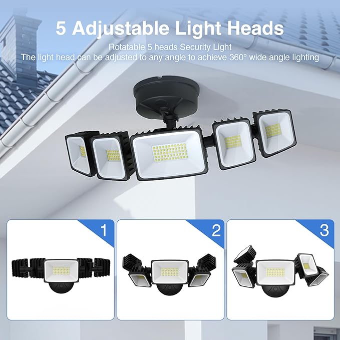 120W Outdoor LED Flood Light 5 Heads Exterior Security Lights 6500K Super Bright Floodlight Fixture Waterproof IP65 Outside Flood Lights for House Backyard Black