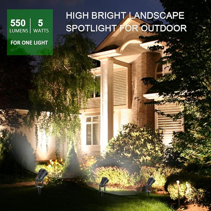 Romwish 120V Landscape Spotlights Outdoor Landscape Lighting for Yard 3000K Warm White Landscaping Lights with Stake 5W IP65 Waterproof Flag Spotlight for House Garden Lawn Decorative (6 Pack)