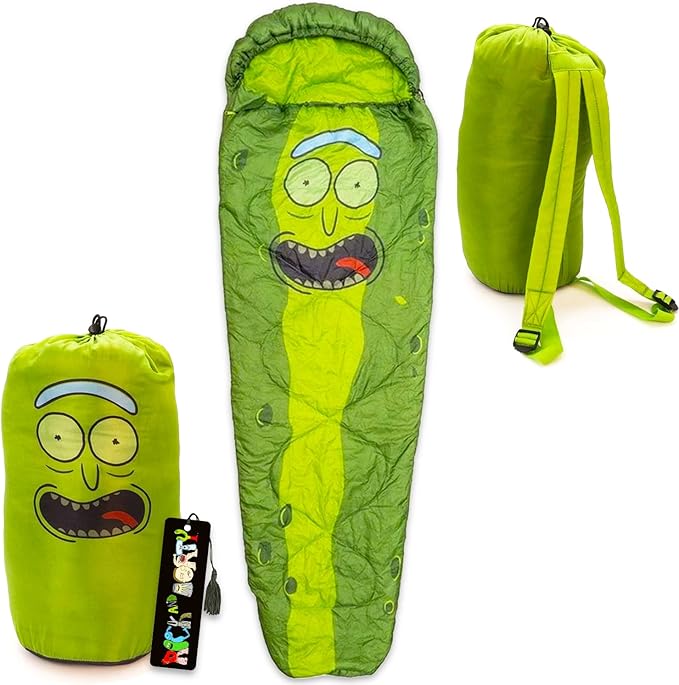 Rick and Morty Sleepover Set - Bundle with Pickle Rick 86x29 Sleeping Bag w/Carry Bag Plus Bookmark | Rick and Morty Camping Supplies