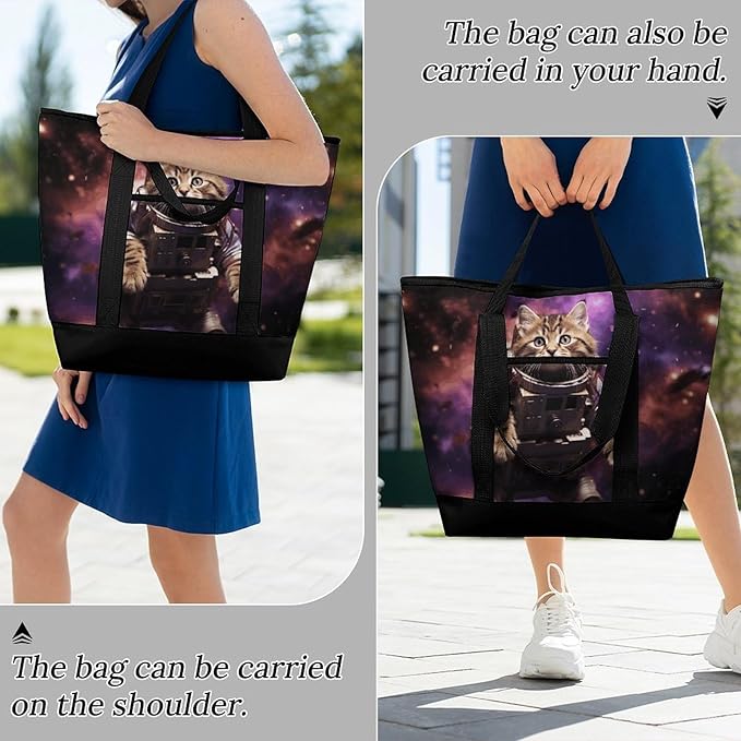 Insulated Shopping BagLarge Reusable Cooler Bags A Cat in Outer Space Printed Foldable Shopping BagTravel Waterproof Shoulder Bag