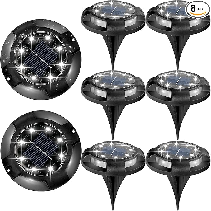 Solar Ground Lights Outdoor Waterproof 8 Pack 12 LEDs Solar Garden Disk Lights Landscape Lighting for Outside Pathway Deck Yard Patio Lawn Driveway Walkway Deco (White Lights)