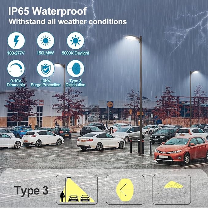 240W LED Parking Lot Light with Photocell Commercial Outdoor Pole Lights with Slip Fitter &amp Arm Mount in 1 36000LM 5000K 100-277V IP65 Dimmable 240W/200W/150W Power Selectable ETL
