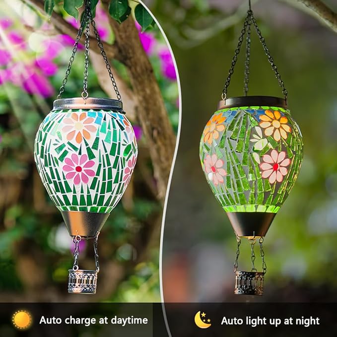 Mosica Hot Air Balloon Solar Lantern Flower Pattern Glass Hanging Solars Lanterns Outdoor Waterproof Decorative Solar Light for Garden Yard Patio Decor