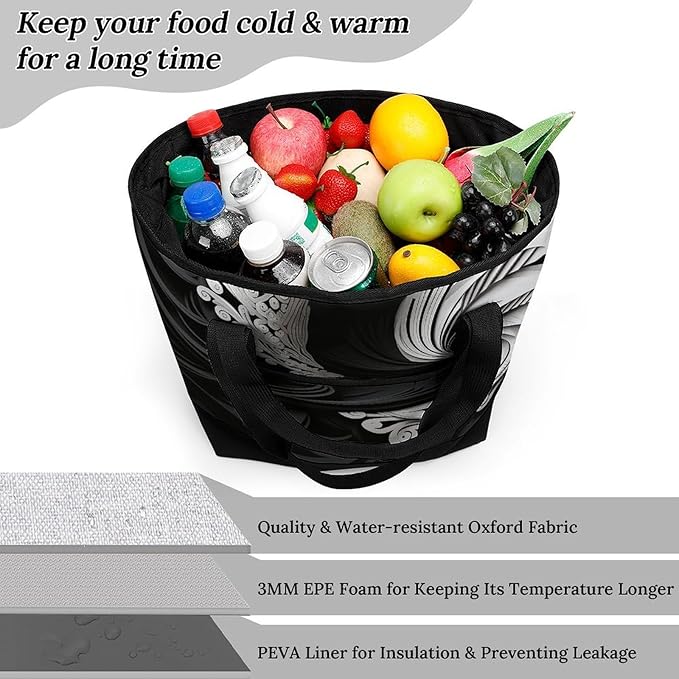Insulated Shopping BagLarge Reusable Cooler Bags Black And White Image Printed Foldable Shopping BagTravel Waterproof Shoulder Bag