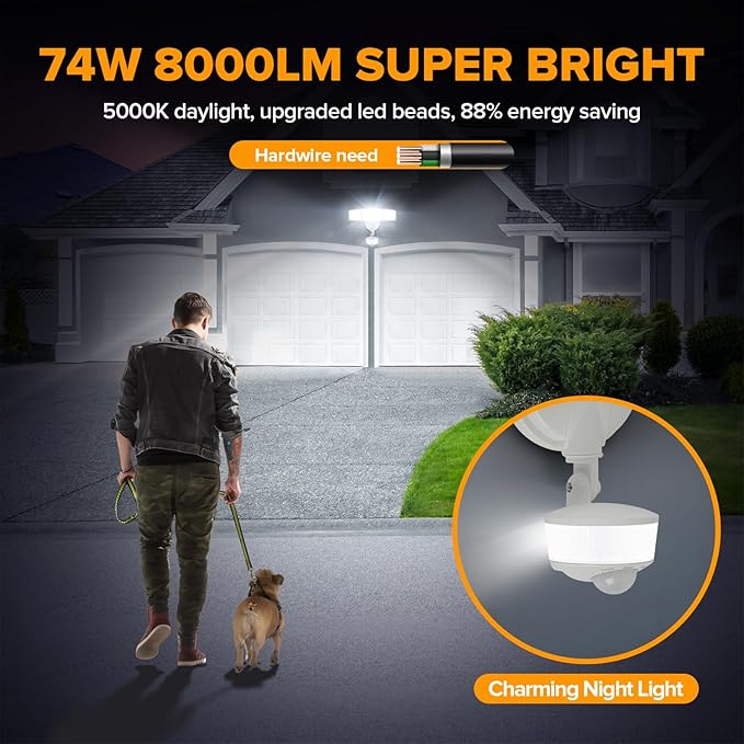 LUTEC 74W 8000 Lumen Motion Sensor Outdoor Lights 5000K Daylight IP65 Waterproof Flood Lights Outdoor with Night Light Dusk to Dawn Motion Detector LED Security Light for Outside Garage Yard-White