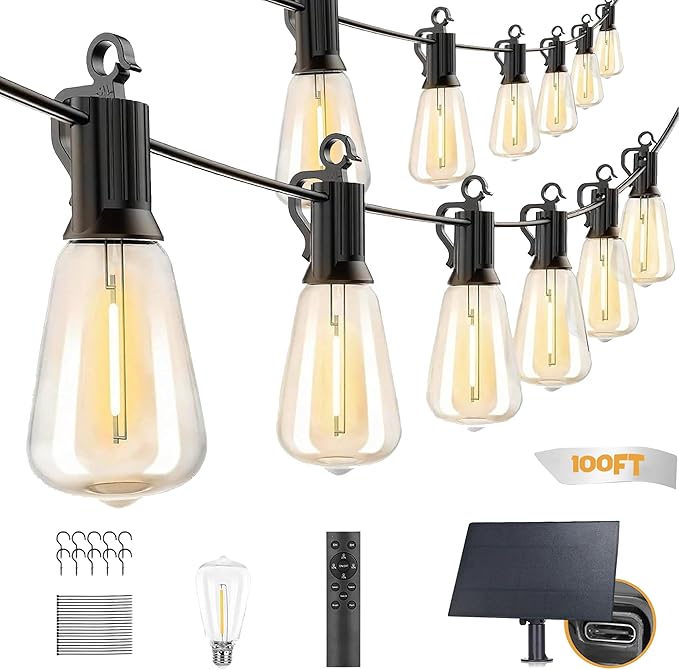 Outdoor Solar Waterproof Light String 50FT Wire and 25+1 LED shatterproof Bulbs dimmable Light Cannon with Remote Control Suitable for Courtyard Terrace Balcony Party Decoration Lighting